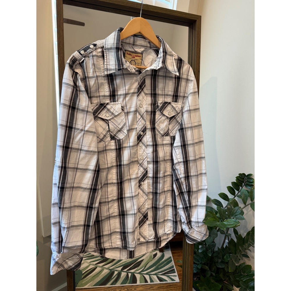 Supply Company USA Men's Plaid Long Sleeve Pearl Snap Button Shirt Sz L Western
